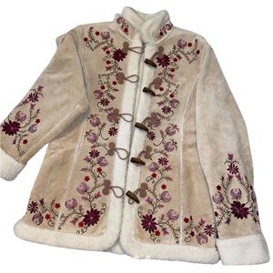 NWOT St. John’s Bay embroidered suede floral coat with sherpa trim